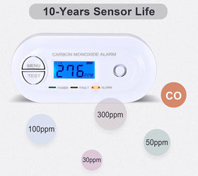 kolmonoxiddetektor med digital display och termometer, batteridriven, 10 års sensor
