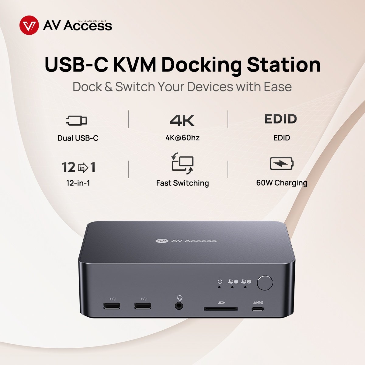AV Access Docking Station KVM Switch 2 Monitor 2 Laptops, 4K KVM Dual Screen, 2 USB-C MST Ports, 60W PD for Each PC, 1G Ethernet, EDID Emulation, 2K@144Hz, 1080P at 240Hz, Ideal AV Access Docking Station KVM Switch 2 Monitor 2 Laptops, 4K KVM Dual Screen, 2 USB-C MST Ports, 60W PD for Each PC, 1G Ethernet, EDID Emulation, 2K@144Hz, 1080P at 240Hz, Ideal