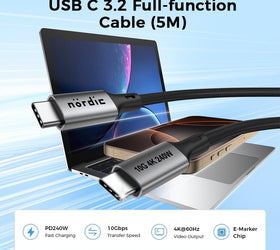 5m USB 3.2 Gen 2 USB-C till C nylonflätad kabel PD3.1 240W 10G 4K60Hz grå
