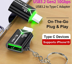 USB-A OTG hona till USB C hane adapter USB 3.2 Gen 2 10Gbps, Svart