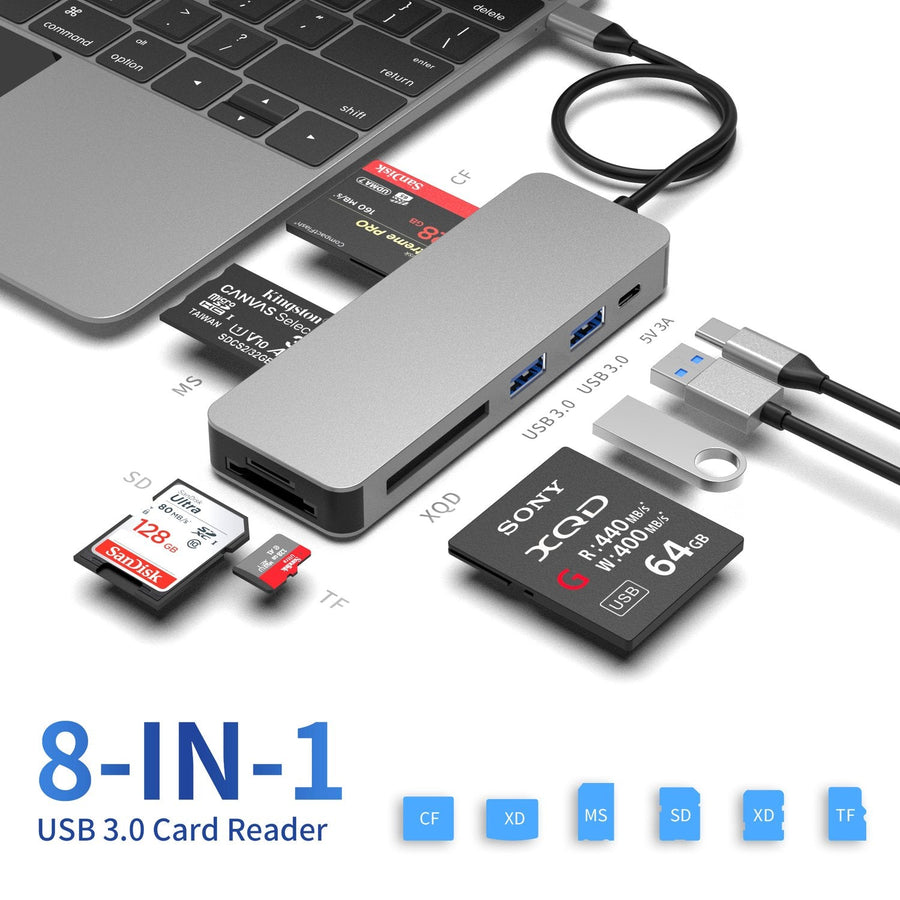 NÖRDIC USB-C Kortläsare 5 Slot CF3.0 SD3.0, MicroSD3.0, MS3.0, XQD3.0, 2xUSB-A 3.0, 1xUSB-C 15W