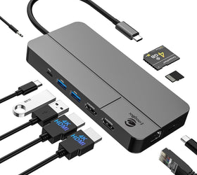 NÖRDIC USB-C Dockningstation 1 till 10 med 2xHDMI 4K60Hz 1xPD100W 1xRJ45 GigaLan 1xSD/MicroSD 2xUSB-A 1xUSB-C 1xAudio stöd  MacBook M1, M2, M3, och M4