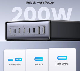 UGREEN Nexode 200W GaN USB C Laddningsstation, 8-Ports Bords Laddare med PD 100W