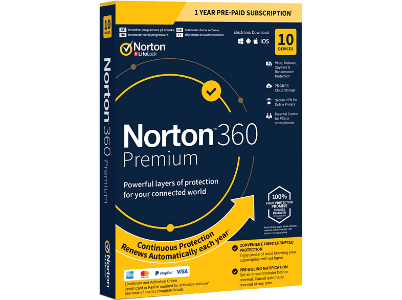 NORTONLIFELOCK Norton 360 Premium (75GB, 1 användare, 10 enheter, 1 år)