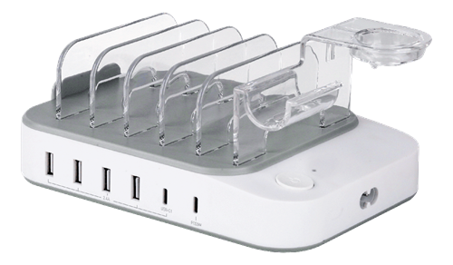 DELTACO USB-laddningsstation för 6 enheter, 4x USB-A, 2x USB-C, snabbladdning, totalt 50 W, vit