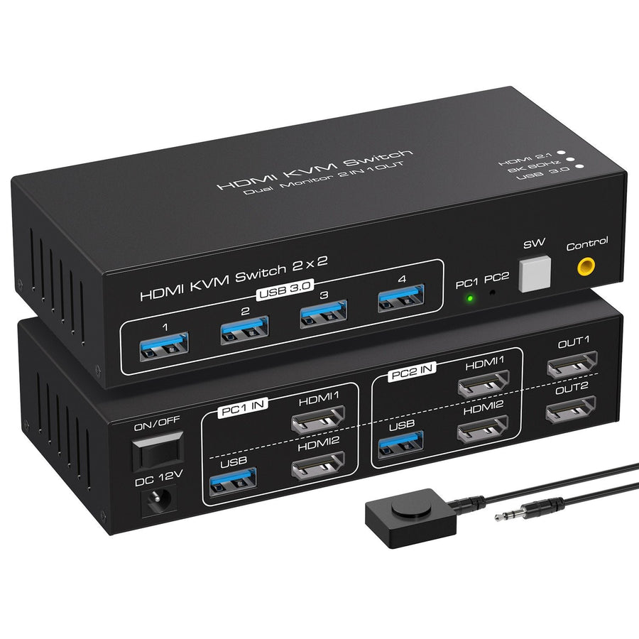 Dual Monitor KVM Switch 2x2 HDMI 2.1, 8K60Hz 4K 144/120Hz 4xUSB-A 3.1 5Gbps