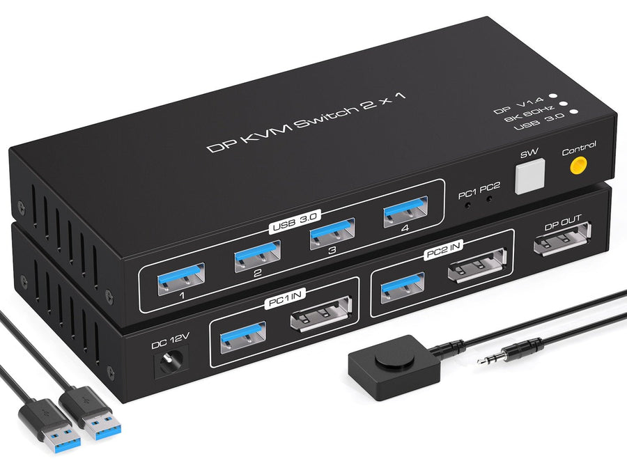 KVM Switch Displayport 2 till 1 8K60Hz 4K144Hz, 4xUSB 3.1