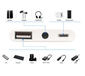 Lightning adapter 1 till 3 portar 1xUSB A 1x audio 3,5mm och 1x Lightning för laddning