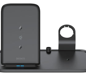 DELTACO 2-i-1 trådlös laddare, 10 W, USB-C, Qi-certifierad, dubbla LED-indikatorer, svart