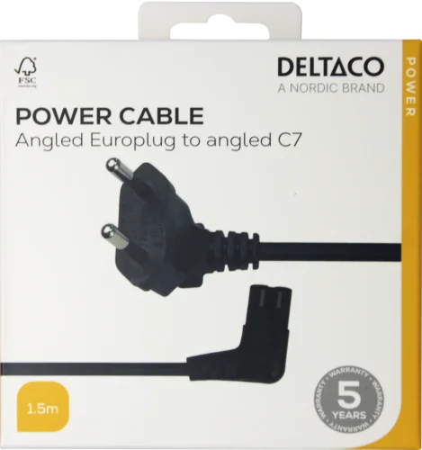 Vinklad strömkabel CEE 7/16 - IEC 60320 C7, 1,5m - hane , apparatkabel ,Svart
