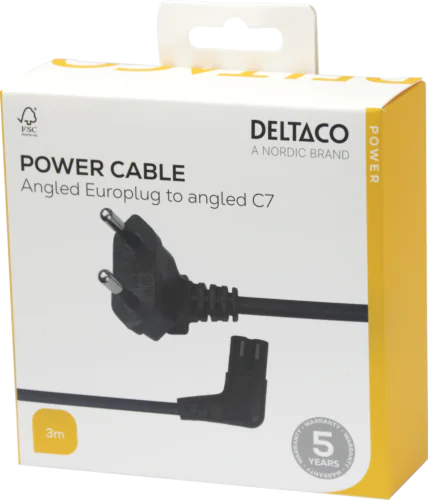 Vinklad 3m Strömkabel CEE 7/16 - IEC 60320 C7, 3m - Hane , Apparatkabel ,Svart