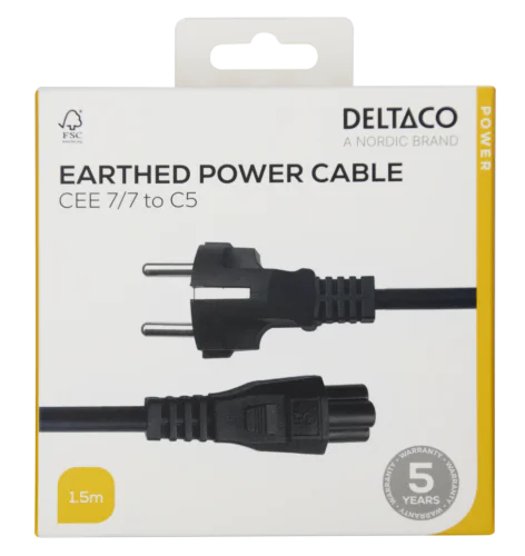 1,5 m strömkabel CEE 7/7 -  IEC 60320 C5, - Svart