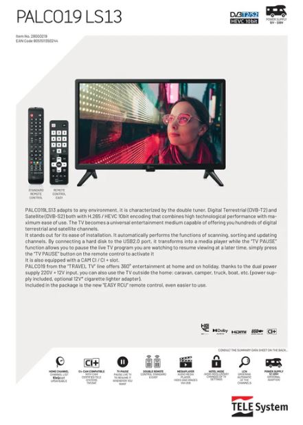 Full HD TV 19 tum 12V DC 100-240V för båt husvagn husbil DVB-T2 DVB-S2 VESA 100x100 PALCO 19LS13