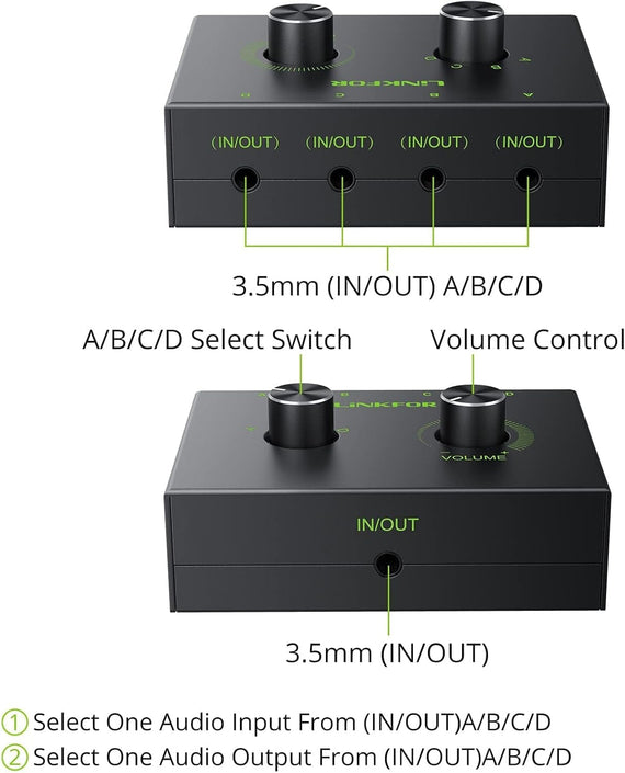 NÖRDIC 3,5mm Stereo Switch 4-portar med volymknapp