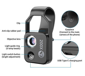 APEXEL 200x Phone Microscope, Mini Pocket Microscope, 6 LED Light Guides, 2 Levels of Brightness Adjustment, Magnification Phone Camera Macro Lens Kit