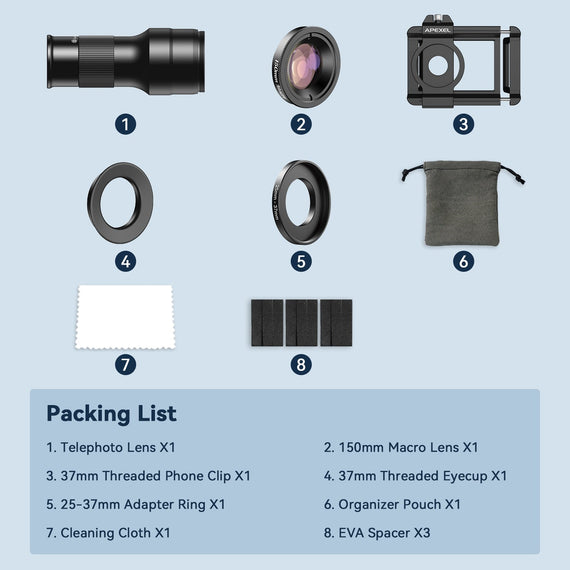 APEXEL 2-i-1 HD 6X Fast Fokus Teleobjektiv med 150mm Makroobjektiv med Universalklämma, Professionellt Mobilobjektivkit