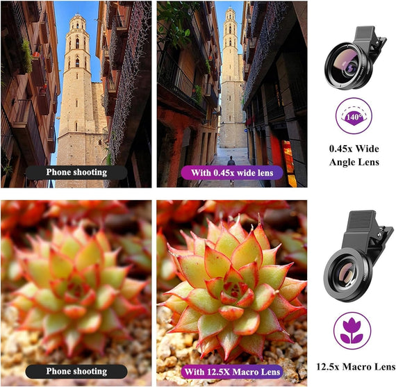 APEXEL Cell Phone Camera Lens, 2 in 1 Lens Kit, 12.5X Macro Lens and 0.45X Wide Angle Lens