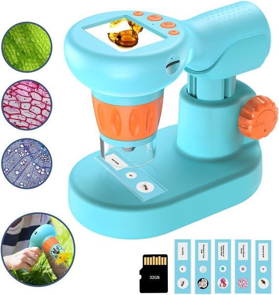 APEXEL Handheld Digital Microscopes 800X with 2" LCD Screen Telescope with 32GB SD Card and 5 Microscope Slides