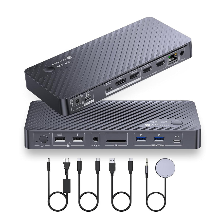 AV Access iDock P10 Dockningsstation och KVM-switch 2 till 2, Dual Monitor för Laptop & Desktop, 65W laddning för laptop, Ethernet, EDID, 4K@60Hz, 4xUSB-A, 1xUSB-C, Ljud, SD
