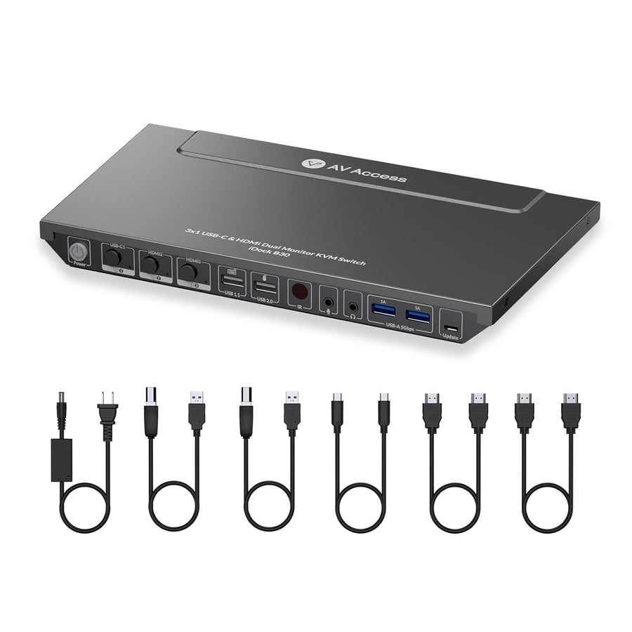 AV Access iDock B30 Dockningsstation och KVM-switch 3 till 2, Dual 4K Monitor för laptop + 2st Desktop-PCs, 4K@60Hz, 5xUSB-A, 1G Ethernet, 65W laddning för laptop, Ljud/Mikrofon, EDID
