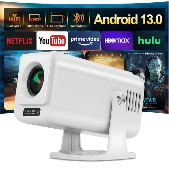 Android 13.0 Smart Projector, Native 1080P, Auto Keystone, 300ANSI 4K HDR Support, Rotatable Design WiFi 6 & BT, Screen Mirroring, ARC,
