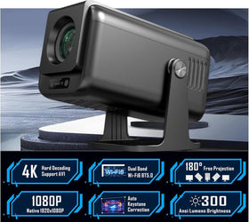 Android 13.0 Smart Projector, Native 1080P, Auto Keystone, 300ANSI 4K HDR Support, Rotatable Design WiFi 6 & BT, Screen Mirroring, ARC,