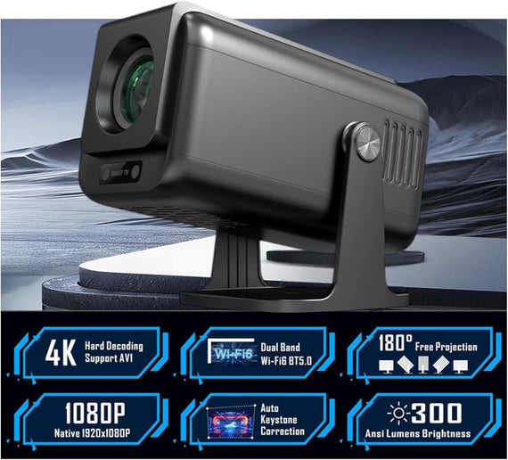 Android 13.0 Smart Projector, Native 1080P, Auto Keystone, 300ANSI 4K HDR Support, Rotatable Design WiFi 6 & BT, Screen Mirroring, ARC,