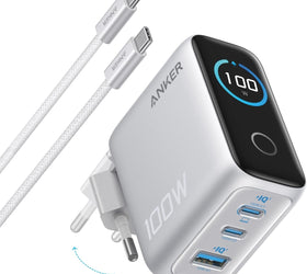 Anker Laddare 100W USB-C Ultra-kompakt 3-portars GaN-snabbladdare för vägguttag med smart display och touchkontroll