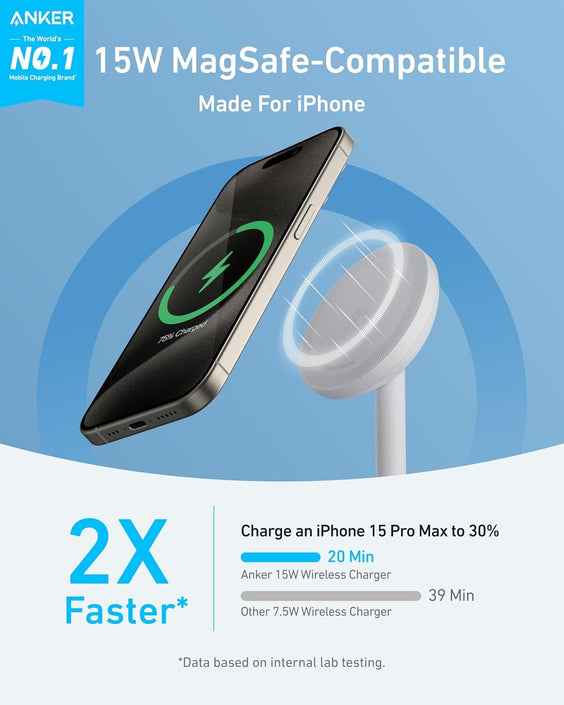 Anker MagGo 15W trådlös laddare med USB-C-kabel, Qi2 trådlös laddare, för iPhone 16/15/14/13-serien och AirPods