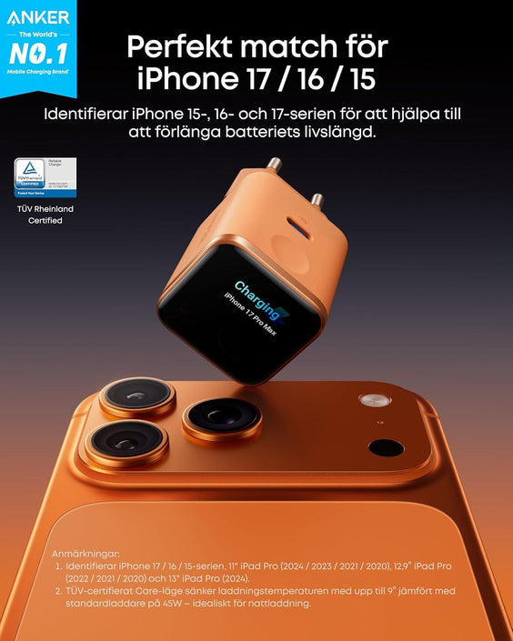 Anker Nano 45W Smart Display USB-C-laddare 45W, Orange