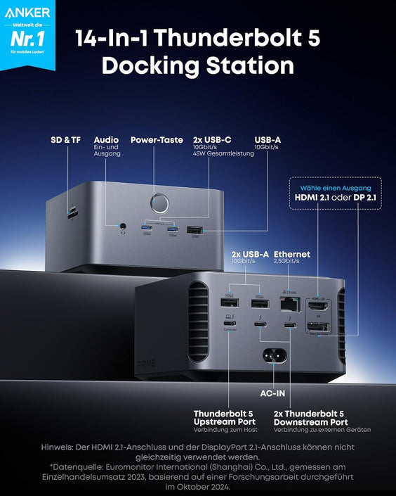 Anker Prime Thunderbolt 5-dockningsstation, 8K@60Hz/6K/4K, 120Gbps, 14 portar + 140W laddning för Thunderbolt 5/4-laptops