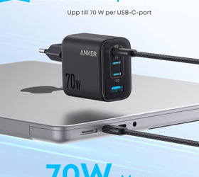 Anker Zolo Ultra Fast 70W USB-C 4-Port laddare, kompakt och stabil för iPhone 16/15, MacBook Air, iPad, Pixel, Galaxy