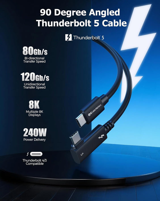 Cable Matters Intel Certified 80G Thunderbolt 5 Cable Right Angle 240W Charging Power - 0.8m, Compatible with Thunderbolt 4, USB4 and USB C, Black