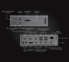 CalDigit TS5 Plus - 20 Portar Thunderbolt 5 Dockningsstation, 140W Laddning, 3X 80Gb/s Thunderbolt 5, 10x 10Gb/s USB Portar