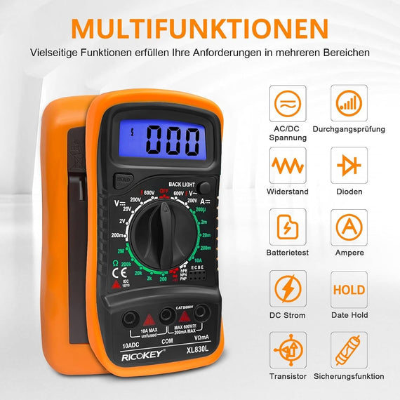 Digital Multimeter Voltmeter Battery Tester Voltage Tester Continuity Tester Ohm Volt Ampere Meter AC/DC Voltage Current Resistance Diode Transistor