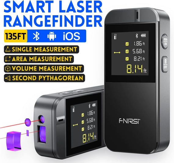 FNIRSI 135ft Laser Distance Meter, m/ft/in Unit Switching, Measure Distance, Area, Volume and Pythagoras, Bluetooth APP, Type-C Rechargeable