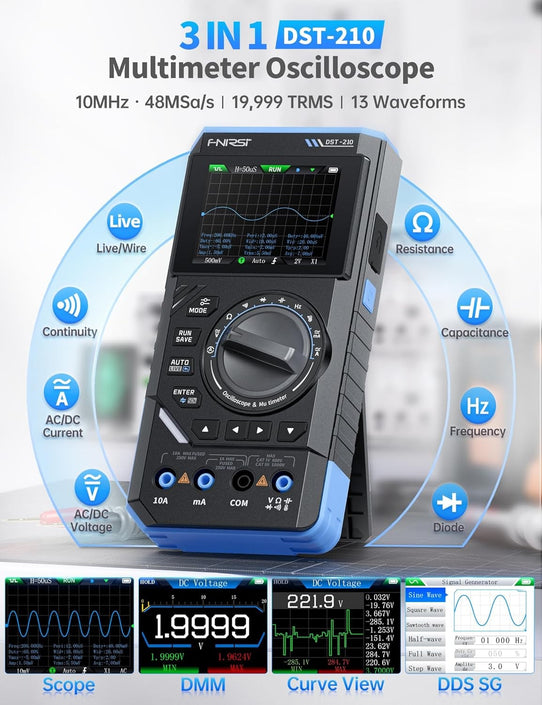 FNIRSI DST-210 Handheld Oscilloscope 10MHz Bandwidth, 19999 Counts, Digital Oscilloscope Multimeter DDS Generator 3IN1, 48MS/s Sampling Rate