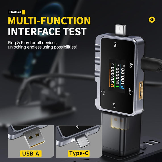 FNIRSI FNAC-28 2 in 1 Type C USB Tester 4-24V 6.5A, LCD Voltage Current Power Tester Digital Multimeter