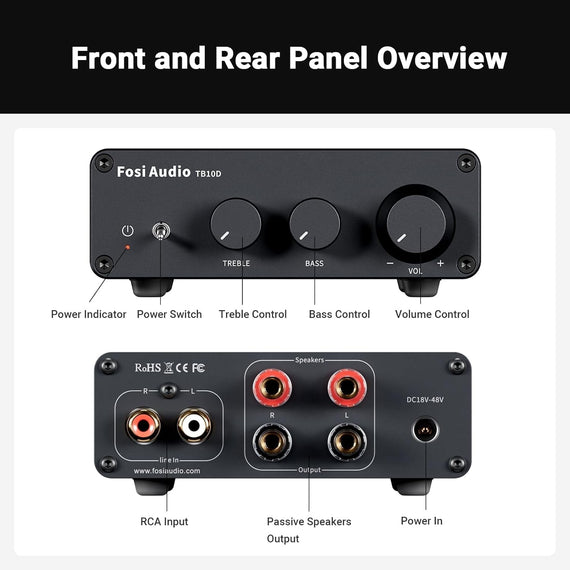 Fosi Audio TB10D Class D Mini Power 600W 2 Channel Stereo Amplifier, for passive Speakers/Bass Shaker, TPA3255 with Bass Treble Control