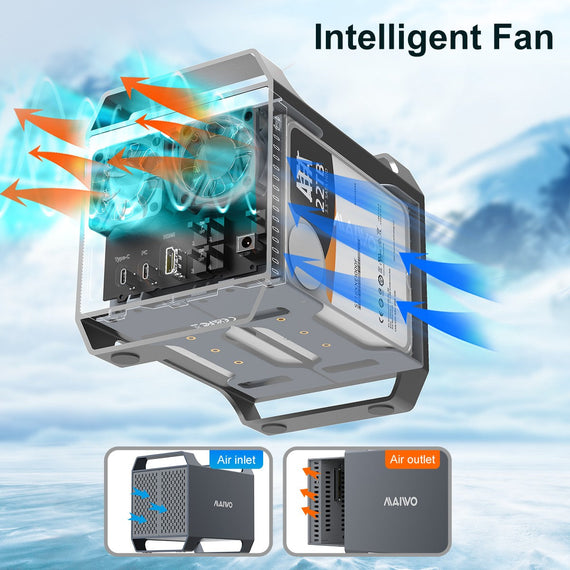 MAIWO 4‑plats DAS-design för 3,5” SATA‑HDD med 2 kylfläktar, USB‑C & 10 Gbps hastighet, ingen RAID