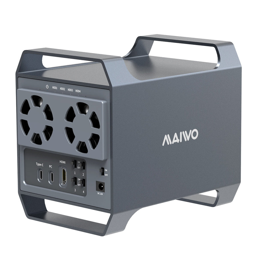 MAIWO 4‑plats DAS-design för 3,5” SATA‑HDD med 2 kylfläktar, USB‑C & 10 Gbps hastighet, ingen RAID