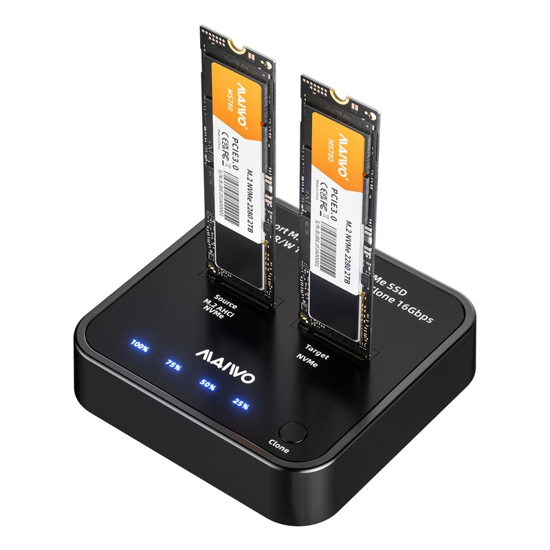Maiwo K3016AN NVMe-klonare M.2-duplicator för PCIe NVMe M-Key SSD, 16Gbps kloningshastighet, åtkomst till två SSD-enheter samtidigt