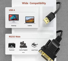 USB-A till RS232 DB9 han-kabel för seriella enheter med FTDI Chipset