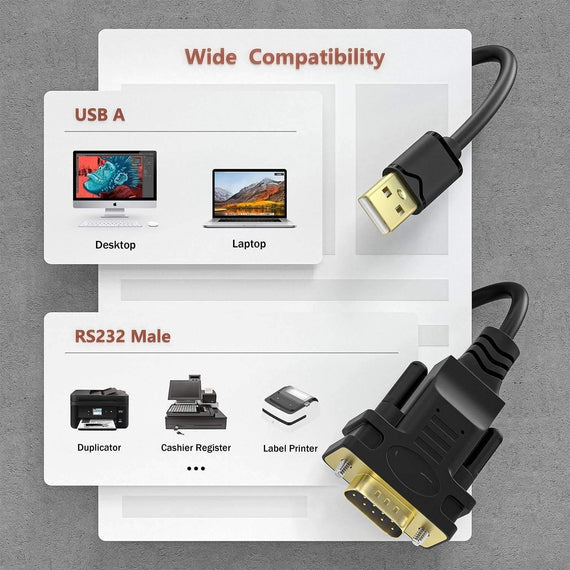 USB-A till RS232 DB9 han-kabel för seriella enheter med FTDI Chipset