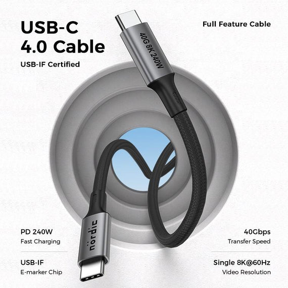 1m USB4 USB-C till C nylonflätad kabel PD3.1 240W 40G 8K60Hz 4K240Hz grå
