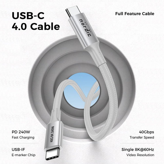1m USB4/Thunderbolt 4 USB-C till C nylonflätad kabel PD3.1 med 240W snabbladdning 40G 8K60Hz 4K120Hz 5K60Hz 2x4K60Hz Emarker
