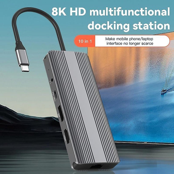 1 till 10 USB-C dockningsstation 1xHDMI 8K30Hz 1XHDMI 4K60Hz 2xUSB3.0, 1xUSB-C, 1xRJ45 GigaLan, 1xPD 87W, 1xSD & 1xMicroSD 1xAux stereo