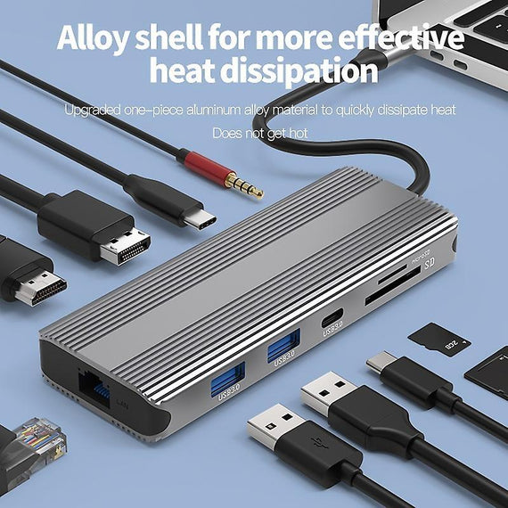 1 till 10 USB-C dockningsstation 1xHDMI 8K30Hz 1xDP8K 30Hz  2xUSB3.0, 1xUSB-C, 1xRJ45 GigaLan, 1xPD 87W, 1xSD & 1xMicroSD 1xAux stereo