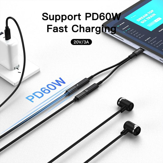 1 till 2 USB-C till 2xUSB-C hörlursadapter med 60W laddning