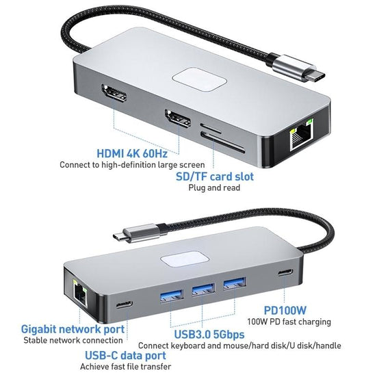 1 to 10 USB-C Docking station 2xHDMI4K60Hz 3xUSB3.0 5G 1xUSB-C 5G 1xRJ45 GigaLan 1xPD100W 1xSD 1xMicroSD